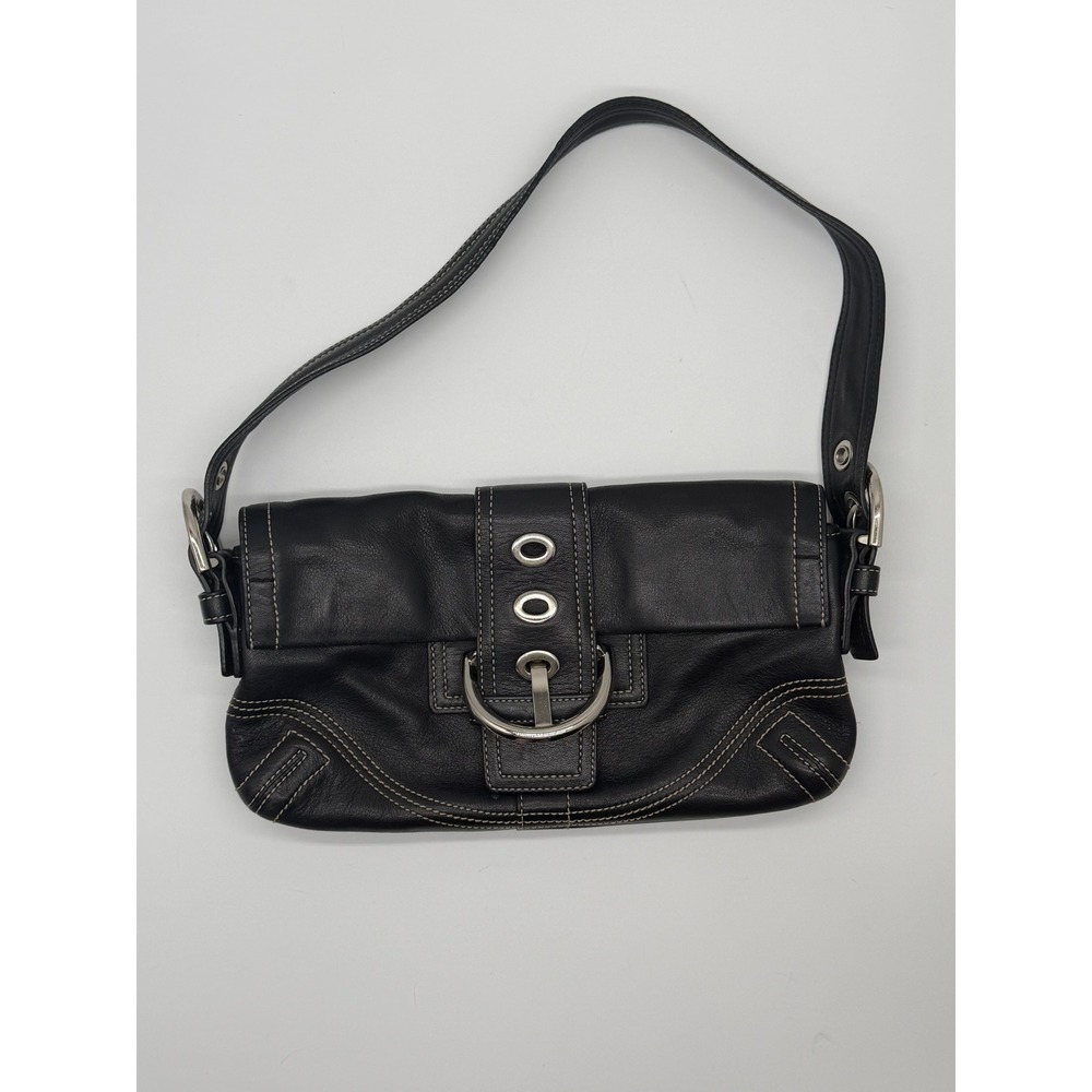 Vintage Coach Y2K Soho Black Leather Large Buckle Flap Shoulder Bag Hobo 8A05